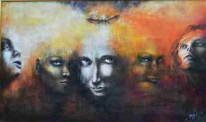 The Mechanisms of Personality 1 "Witches" - Representing some mechanisms of personality; acrylic on canvas. Aurora Mazzoldi.
